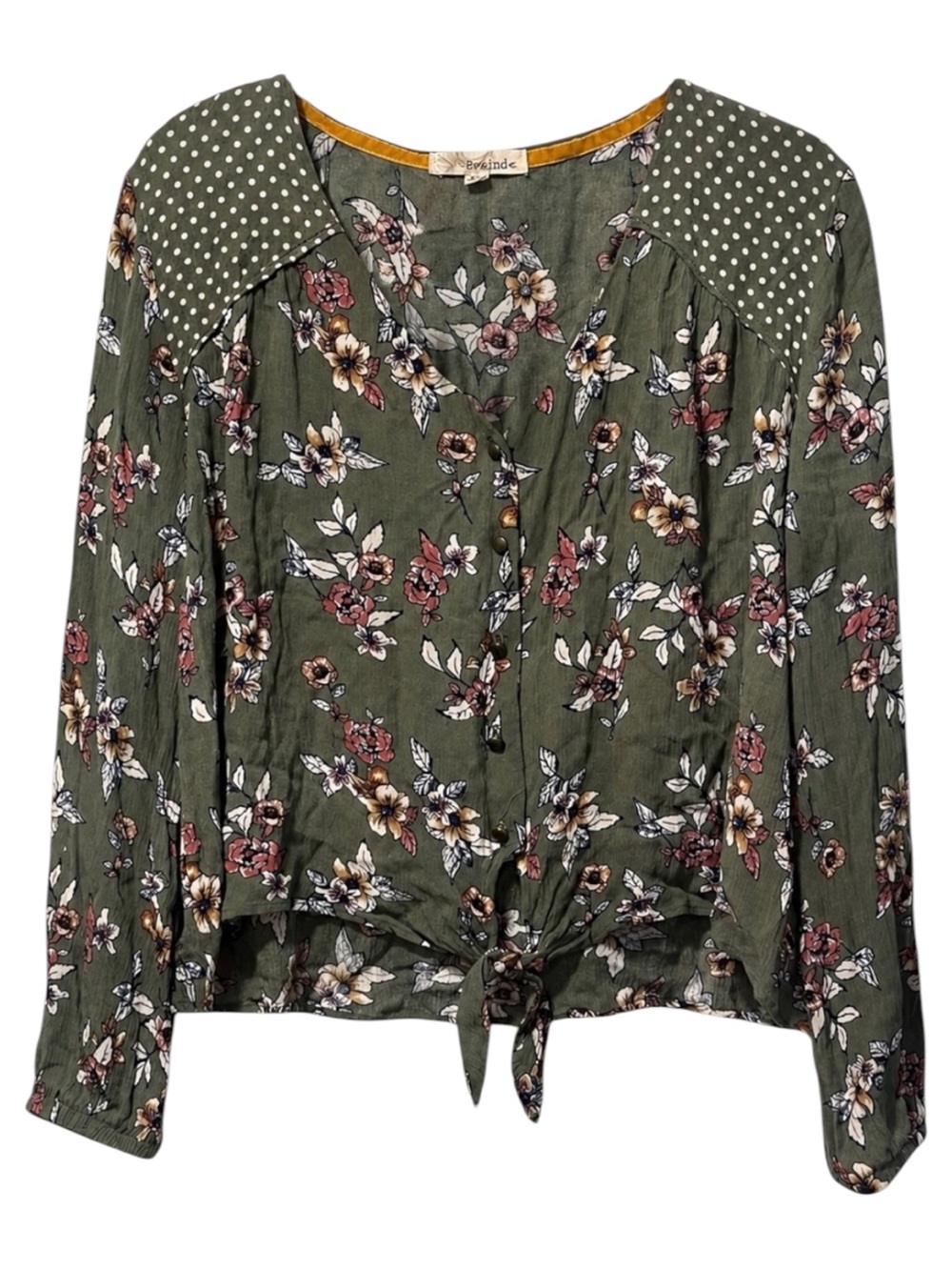 Rewind Floral Tie Front Blouse XL Olive Green Long Sleeve